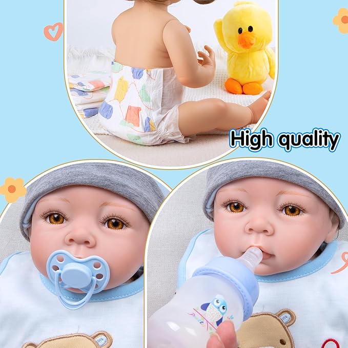 13Pcs Baby Doll Accessories Set, Reborn Baby Doll Clothes 17-22 Inch Boy Blue Outfits with Backpack + Diapers + Feeding Bottle, Babies Pretend Play Set