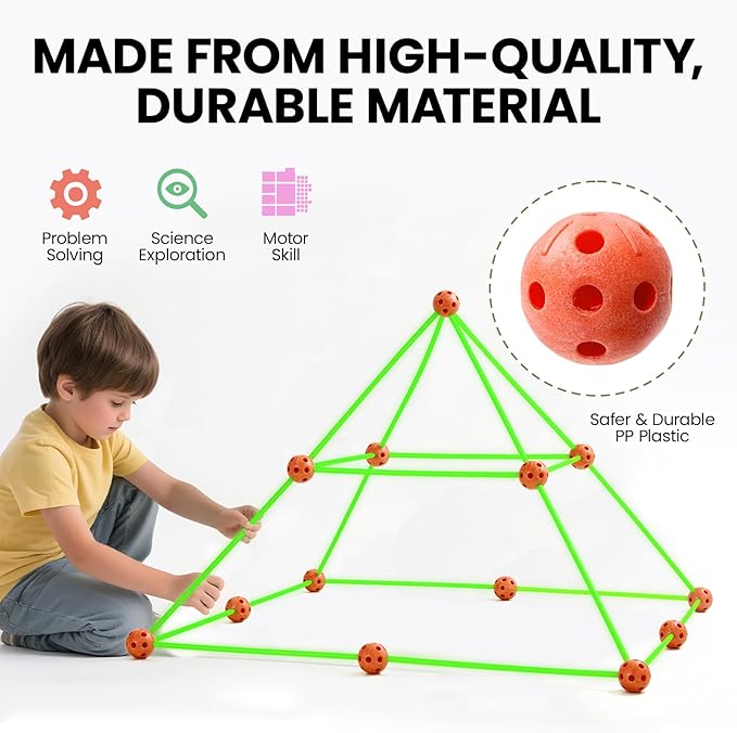 Tiny Land Glow Fort Building Kit for Kids Creative Fort Indoor & Outdoor Construction Toys with 86 Rods and 44 Balls for 5-12 Year Old Boys & Girls STEM Building Toy Gifts with Storage Bag