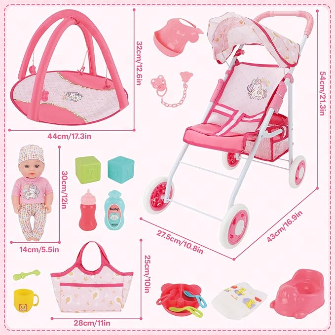 deAO Baby Doll Stroller Set with 12" Baby Dolls Nursery Playset 17 PCS Baby Doll Accessories with Play Mat,Storage Bag,Baby Stroller Toys for Girls Toddlers 3+ Pretend Play Gifts