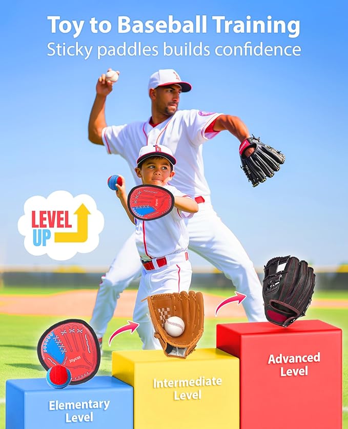 JoyCat Toss and Catch Ball Game for Kids, 2 Paddle Sticky Ball Set, Toddler Baseball Catch Toy, Outdoor Game for Beach, Yard & Camping, Sports Easter Basket Stuffer Gifts for Boys Girls Ages 3-12