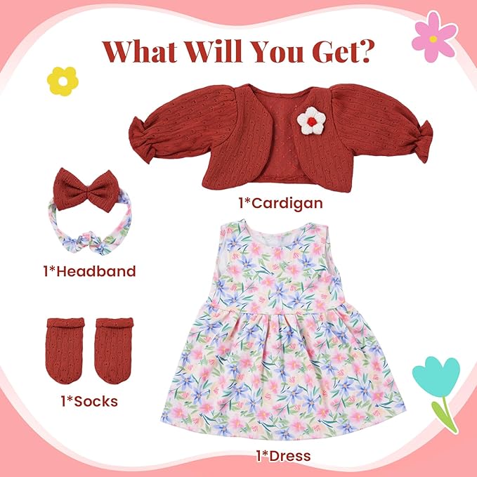 BABESIDE 4 Pcs Reborn Baby Doll Clothes Dress Set for 17-22 Inch Baby Dolls, Floral Dress with Wine Red Cardigan, Bow Headband and Socks, for Realistic and Reborn Babys Doll Clothes and Accessories