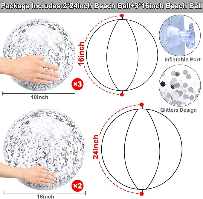 TURNMEON 5 Pack Sequins Beach Balls Pool Toys Balls 16 Inch 24 Inch Confetti Glitters Inflatable Clear Beach Ball Swimming Pool Water Beach Toys Summer Outdoor Party Favors for Kids Adults