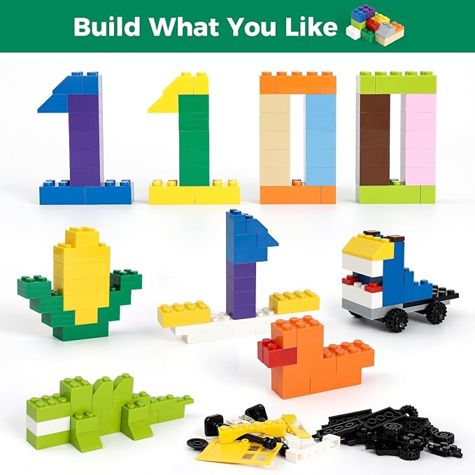 1100 Pieces Building Blocks, Compatible with All Major Brands, Classic Bulk Blocks, Includes Wheels, Door, Window, Street Lights