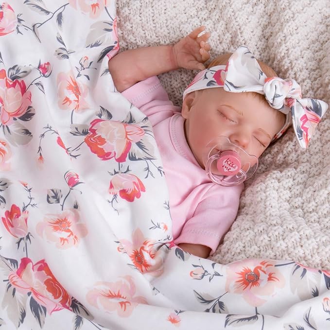Aori Reborn Doll Clothes Accessories Newborn Receiving Blanket for Newborn Girl Doll with Matching Bow Hat and Bow Headband Swaddle Set for 17-20" Reborn Dolls