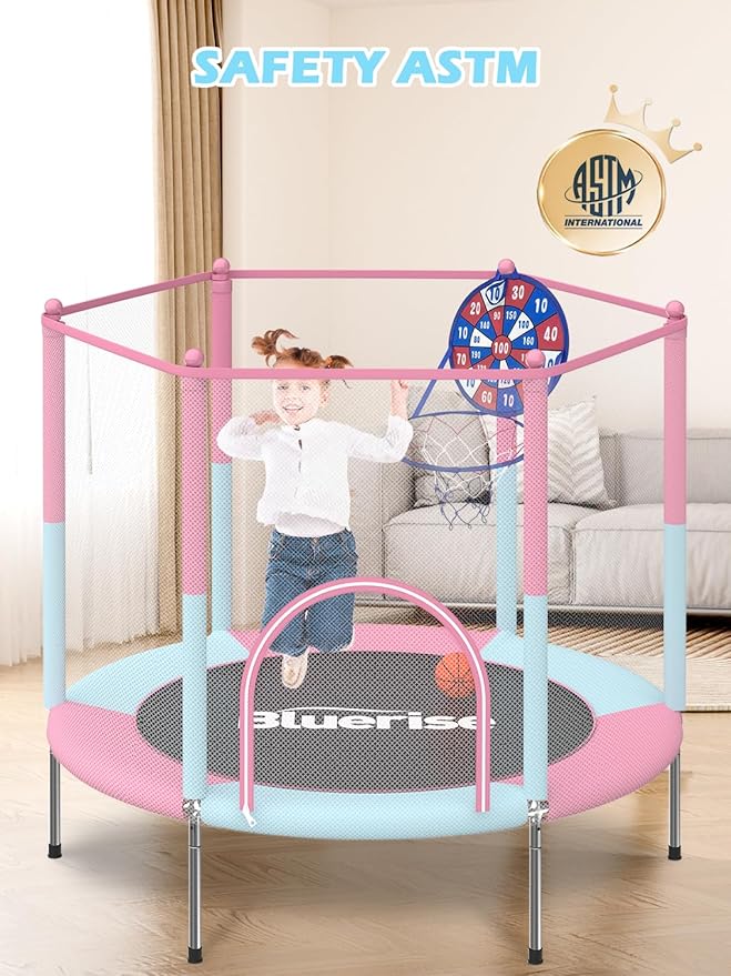 BLUERISE 55IN 6FT Toddler Trampoline for Kids Indoor Outdoor Play for Kids Trampoline Basketball Hoop Attachment with Enclosure Net Easy to Assemble