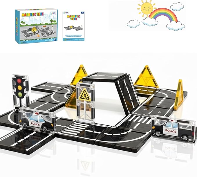 Magnetic Tiles Road Expansion Set, STEM Magnetic Building Blocks for Kids Ages 3-5 4-8 5-7, STEM Learning Toys, Safe & Durable Creative Construction Play, Gift for Boys & Girl
