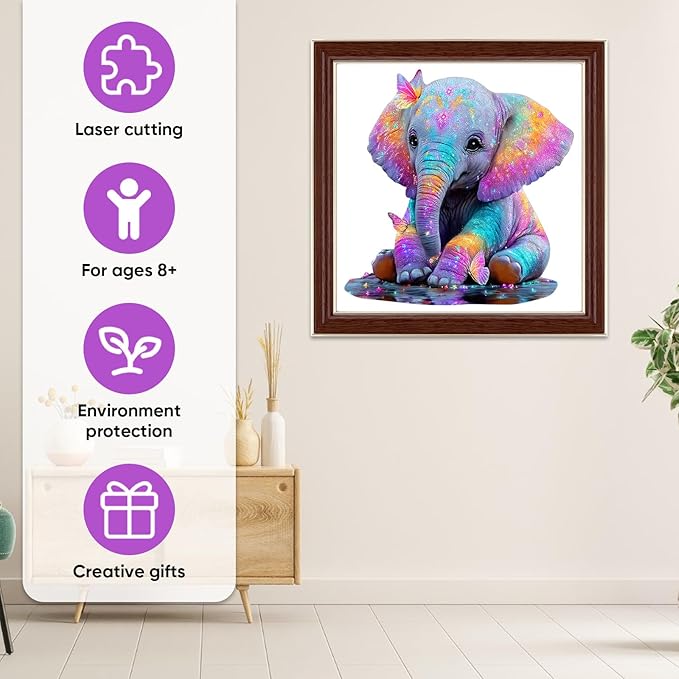 MEATRN Wooden Jigsaw Puzzle - Colorful Baby Elephant with Butterflies, 199 Pcs, 11.1x11.4 in, Animal Puzzles for Adults & Kids, Educational Brain Teaser Gift and Home Art Décor