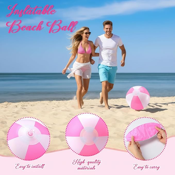 24 Pack 12 Inch Pink and White Inflatable Beach Balls Bulk PVC Beach Balls Blow up Water Games Toys for Kids Summer Swimming Pool Party Favors Hawaiian Tropical Theme Party Supplies