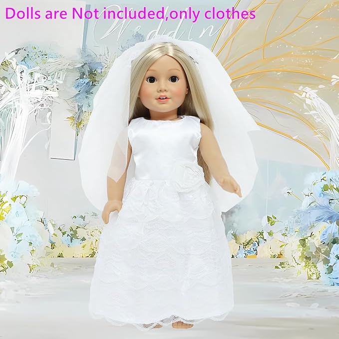 18 Inch Doll Wedding Dress Fashion Set, Bride Doll Wedding Gown with Veil for American 18 Inch Girl Doll Clothes Ball Party