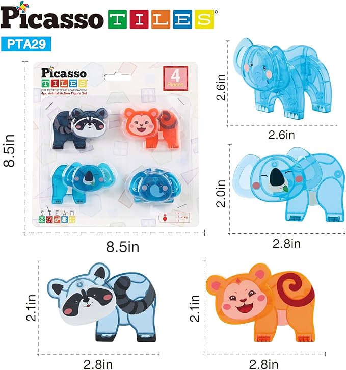 PicassoTiles Magnet Tile Animal Friends Action Figure Playset Mix or Match Figurine Wildlife Character Toy STEM Learning Construction Building Magnetic Tiles Educational Pretend Play Kit Ages 3+ PTA29