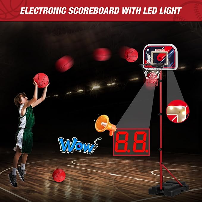 4 in 1 Kids Basketball Hoop and Tball Set for Toddlers 3-5, Adjustable Hanging Tee Ball Stand with Automatic Baseball Pitching Machine, Indoor Outdoor Sport Toys Birthday for Boys