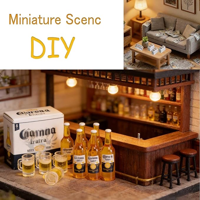 1/6 Scale Accessories Mini Props Miniature Beer Bottles with Glasses&Box Set Tiny Money Bills for Mini Doll House Accessorie Action Figure Props, DIY Crafts,Fairy Garden Pub Bar Decor