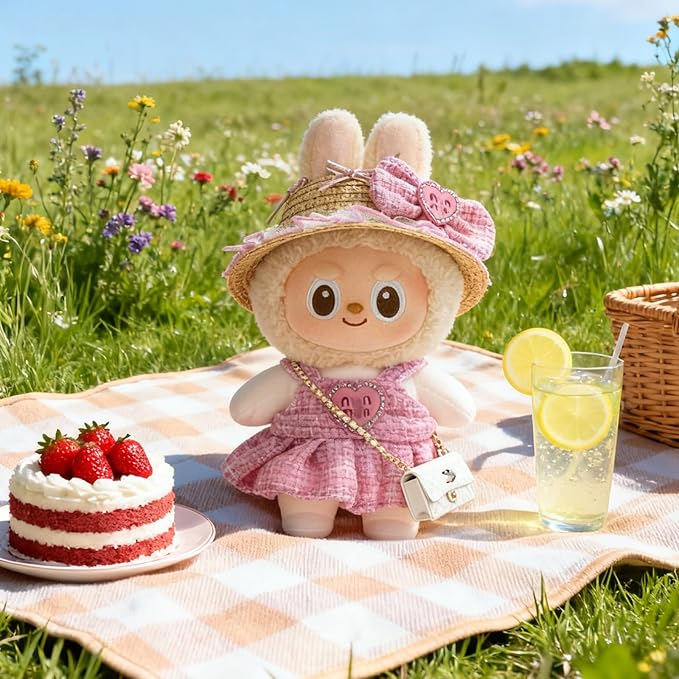 Doll Clothing Set (No Doll), Cute Cropped Straw Hat, Crossbody Bag, Dress, Suitable for 15-17cm Dolls, Outfit Accessory Set for Unique Styling (Pink-MIU)