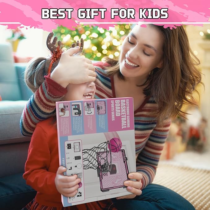 Basketball Hoop Indoor Kids Girls Pink - Mini Over The Door Basketball Hoops with Electronic Scoreboard Toys & 3 Balls, Unicorn Birthday Gifts Age 5 6 7 8 9 10 11 12 Year Old Girls