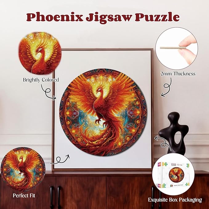 1000 Piece Puzzle for Adult, Phoenix Jigsaw Puzzle 1000 Pieces, Impossible Challenging Fun Puzzle for Adult, Round 26.6 x 26.6 Inch Unique Difficulty Puzzle for Birthday Gift