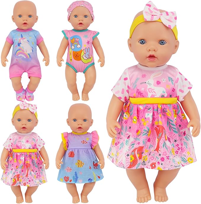 ECORELF 4 Set Doll Clothes, Baby Doll Clothes for 14 -16 Inch, 18 Inch Girl Doll Clothes Outfits and Accessories 7 Pcs Include Jumpsuit, Dresses, Headbands, Hats, Shoes (No Dolls)