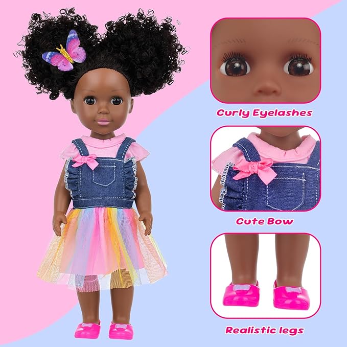 Ecore Fun 14.5 Inch Black Baby Doll with 12 Pcs Butterfly Theme Accessories - Realistic African Doll Black with Hair Clips, Comb, Mirror, Rainbow Dress, Pink T-Shirt, Phone, Stickers, Shoes