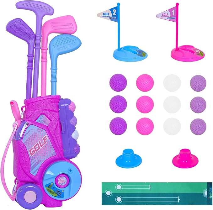 Nattork Toddler Golf Set with Putting Mat for Boys Girls Aged 1 2 3 Years Old, Upgraded Kids Golf Cart with 4 Clubs & 12 Balls, Outdoor Indoor Sports Toy Birthday Gift, Rose
