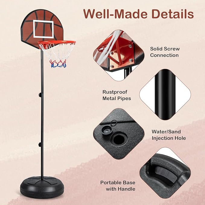 GYMAX Kids Basketball Hoop with Dart Board, 3.2-4.8 FT Adjustable Indoor & Outdoor Toddler Basketball Hoop with Fillable Base & 6 Darts, Toy Basketball Goals for 3 4 5 6 7 8 Years Boys Girls Gift