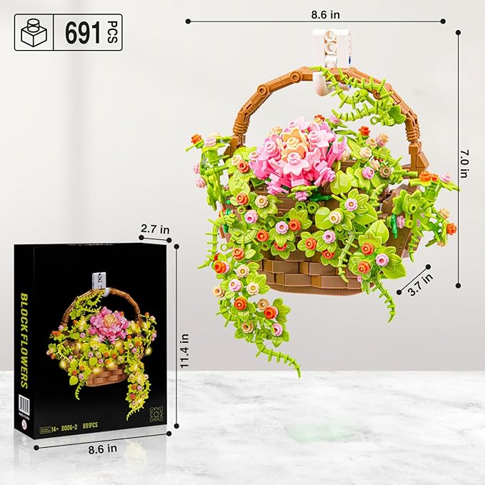 Flower Bouquet Building Set, Flowers Basket Bonsai Plants with Light, Botanical Collection Wall Decor, Creative Building Toy Gift for Adults (691 PCS)