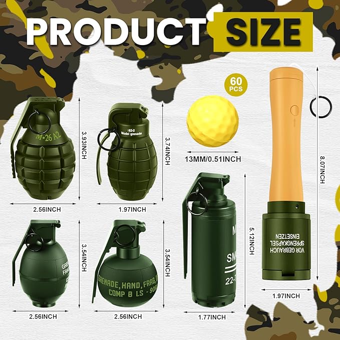 Sratte 6 Pcs Toy Hand Grenade for CS Battle Game, Fake Tactical CS-Grenade Toys with 60 Foam Ammo Fun Impact Pull Ring Grenade for 14+ and Adult Outdoor Sports(6,Green)