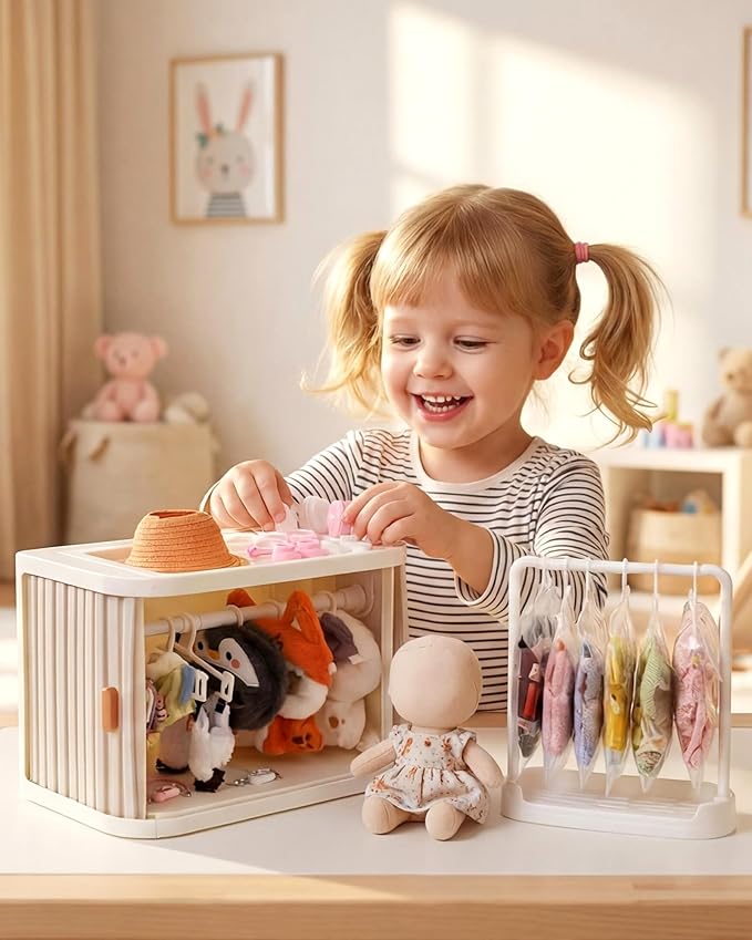 BABESIDE Portable Doll Wardrobe Storage Box for 15/17cm Baby Doll Clothes with Hangers, Telescopic Rod, Doll Glasses, Shoes, Headphones, Hat & More – Space-Saving and Dust-Proof Design
