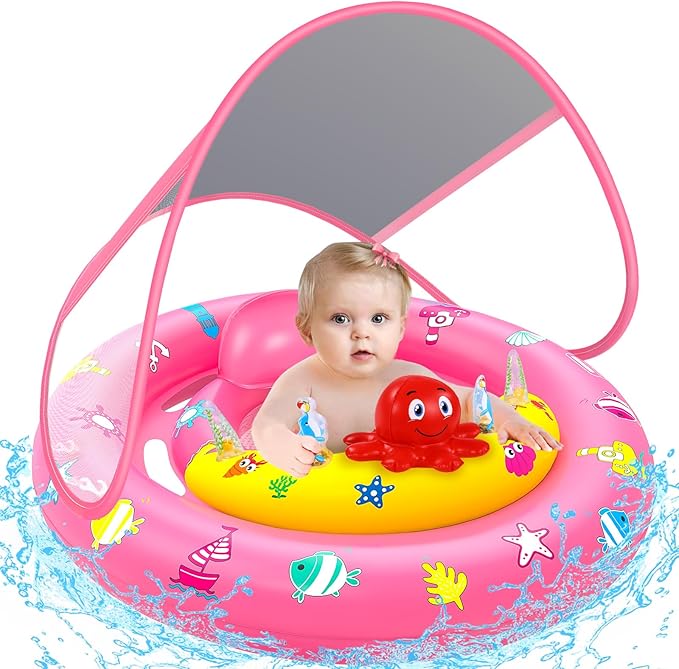 Baby Pool Float with Canopy, Inflatable Baby Swim Float with UPF50+ Sun Protection, Toddler Infant Pool Float with Toy Play Console Adjustable Safety Seat for Kids Girls Boys Aged 6-36 Months, Pink