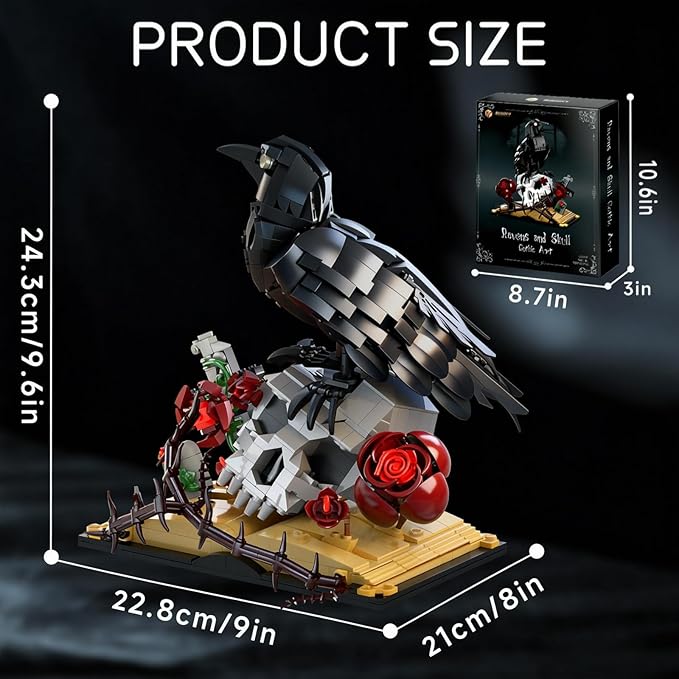 Gothic Raven & Skull Art Building Set, Skull Decor Features Ravens, Skulls, Roses, Crosses, and Books - Eye-Catching Table Centerpiece, Holiday or Birthday Gift for Adults & Kids Ages 8+ (758 PCS)