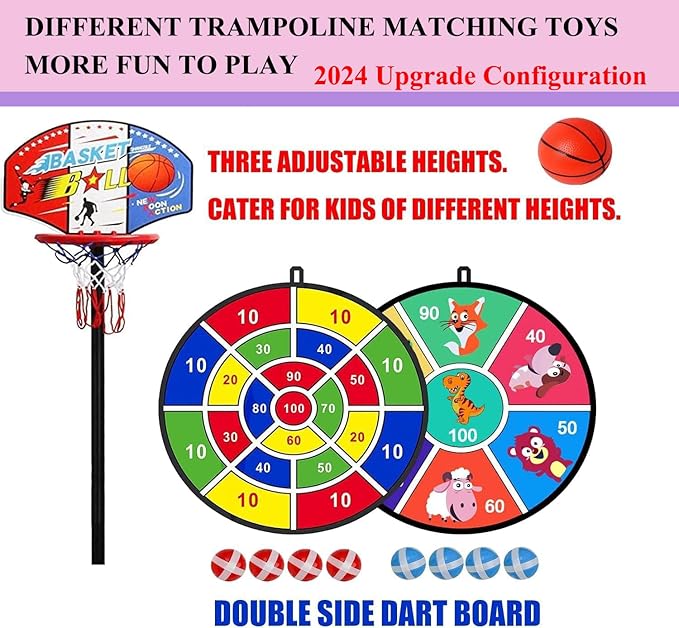 LANGXUN 60" Trampoline for Kids, 5ft Toddler Mini 6-in-1 Trampoline Indoor Outdoor with Swing, Basketball Hoop, Dart Board, Rings, Christmas Toys Birthday Gifts for Girls Boys