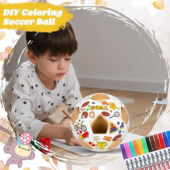 Size 4 Color Your Own Soccer Ball Gold DIY Custom Craft Kit with Pump 12 Markers Personalized Youth Toddler Training Paint Your Own Toy Creative Gift for Kids (Gold Soccer Ball, 4)