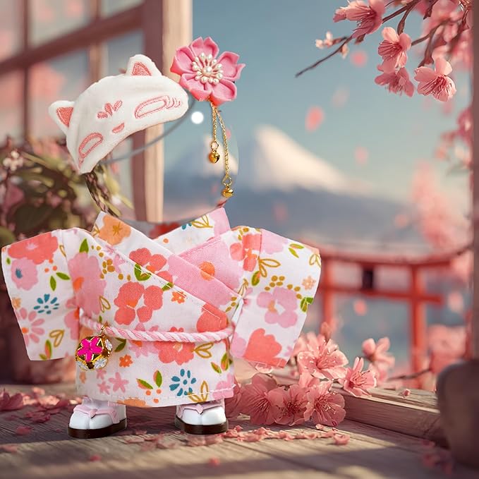 17cm Doll Clothes,Outfit Accessories Kimono Set for 6.7inch Dolls Girl, Kawaii Chic Style Flower Hairbow+Pink Clothing+Cute MasK+Shoes(NO Doll)