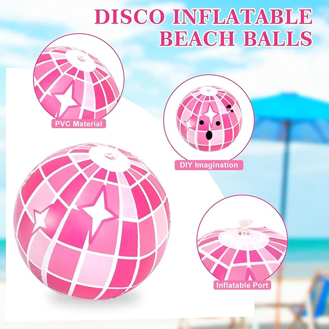Whaline 16Pcs Disco Inflatable Beach Ball 16'' Pink Pool PVC Balls Cute Game Toys for Summer Beach Disco Party Decor
