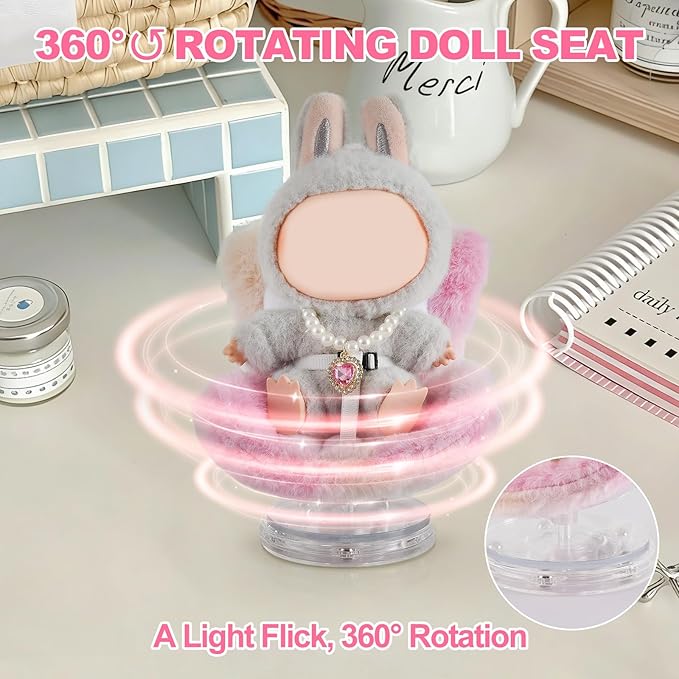 Cute Doll Car Seat for Labubu, Premium Car Seat Accessories for 4-7in Dolls, 360° Rotation, Including Air Vent Clip, Desktop Stand, Adjustable Strap, Airflow-Friendly Design(Colorful Pink)
