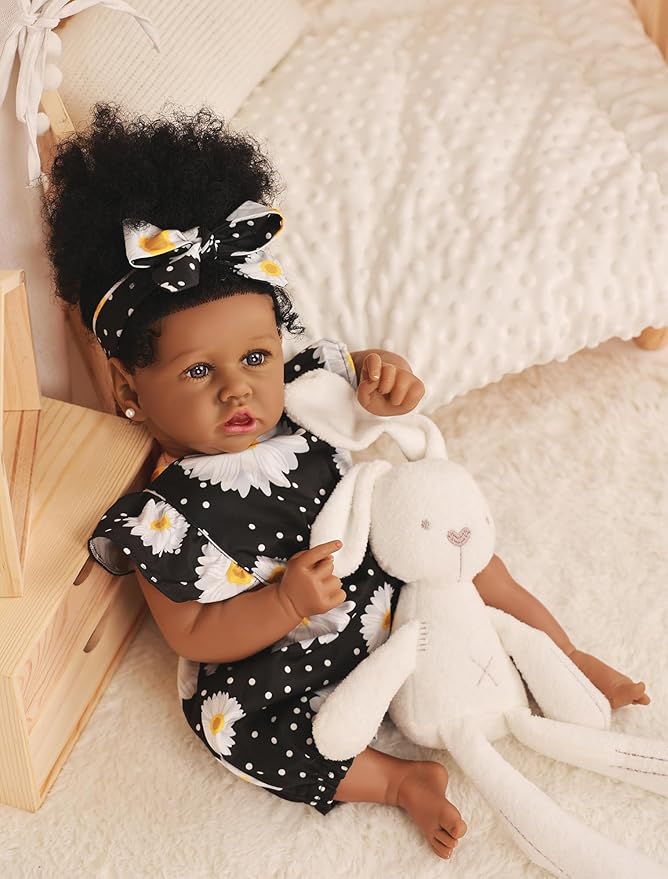 HOOMAI Reborn Baby Black Dolls African American Lifelike Silicone Doll Realistic 22.8 Inch with Cloth Body Birthday Gift Set
