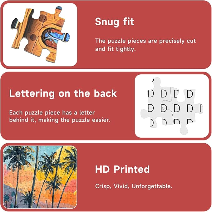 Tropical Sunset Beach 1000 Piece Puzzle for Adults - Macaron Color Palette Art, Mirror Lake Palm Tree Scene, Poster & Lettered Back, 20"x28" HD, Gift for Travel & Art Lovers