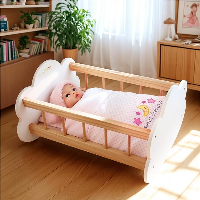 BABESIDE 2 Pcs Baby Doll Bedding Set for 12-15 Inch Dolls, Pink Polka Dot Baby Doll Blanket and Pillow Set with Cute Moon & Stars Pattern for Realistic Babydoll Accessories