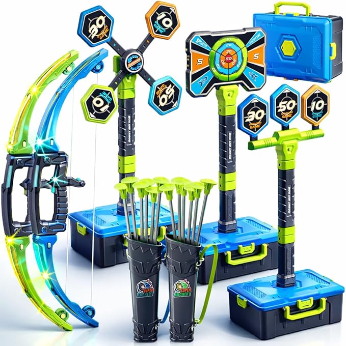 2 Pack Bow and Arrow Toy for kids 5 6 7 8 9 10,LED Light-Up Bows Archery Set with 12 Suction Cup Arrows, 4 Fun Targets ,2 Quivers & Storage Box ,Indoor Outdoor Sport Game Gifts for Boys Girls 4-8 8-12