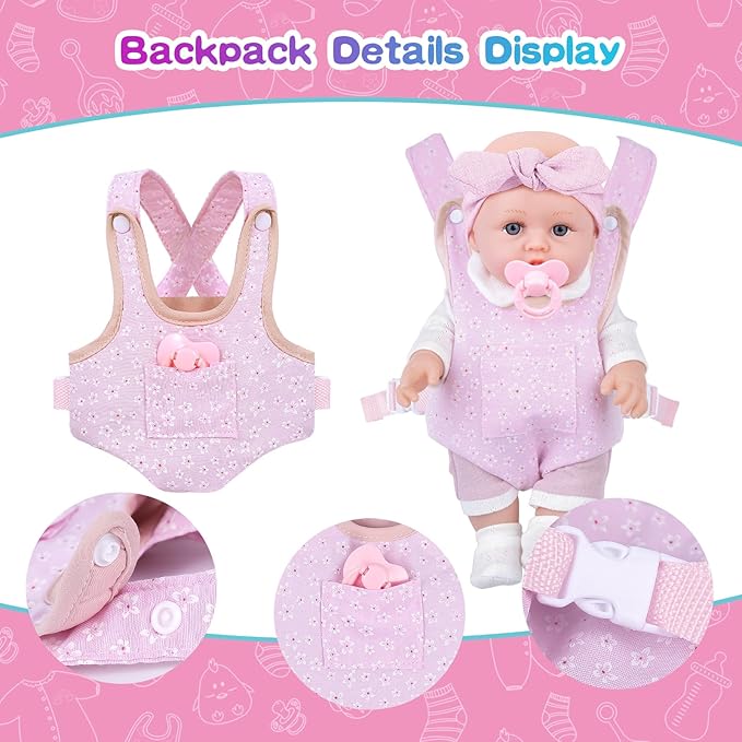 BDDOLL 12'' Baby Doll Playset with Clothes and Dolls Carrier Accessories Included Baby Carrier, Bottles, Nipple, Socks, Headbands