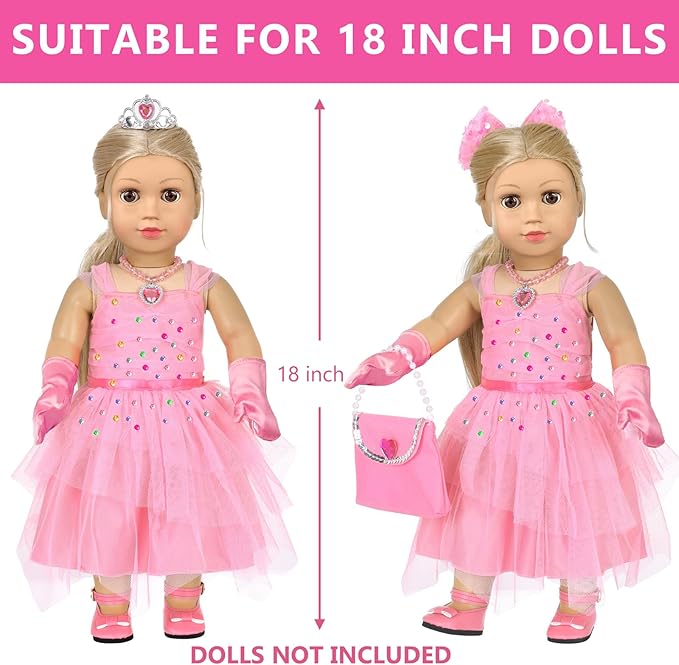 American 18 inch Girl Doll Clothes and Accessories - Princess Dress, Crown, Necklace, Lipstick, Makeup Palette, Nail Kit, Satchel, Gloves, Shoes, Sticky Rhinestones,Hair (No Doll)