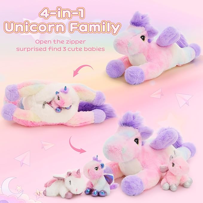 Tezituor Cute Unicorn Stuffed Animal,4 Pcs Plush Toy Set,Large Glow-in-the-Dark Unicorns Plushies with Wings,Giant Rainbow Pink Unicorn Big Stuffy Gifts for Girls Adults Valentines Christmas Birthday