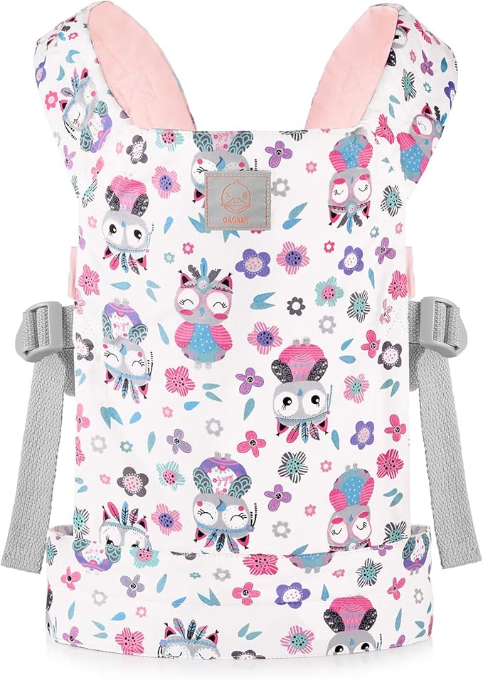 GAGAKU Baby Doll Carrier for Little Girls, Toy Baby Dolls Sling Carrier, Reborn Dolls Accessories for Toddlers Kids – Pink - Owl and Flowers