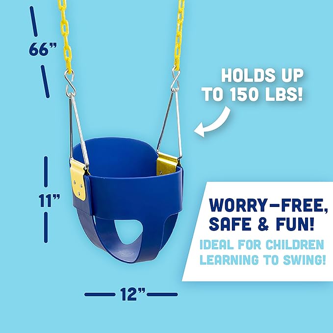 Original High Back Full Bucket Toddler Swing Seat with Plastic Coated Chains and Carabiners for Easy Install - Blue - Squirrel Products