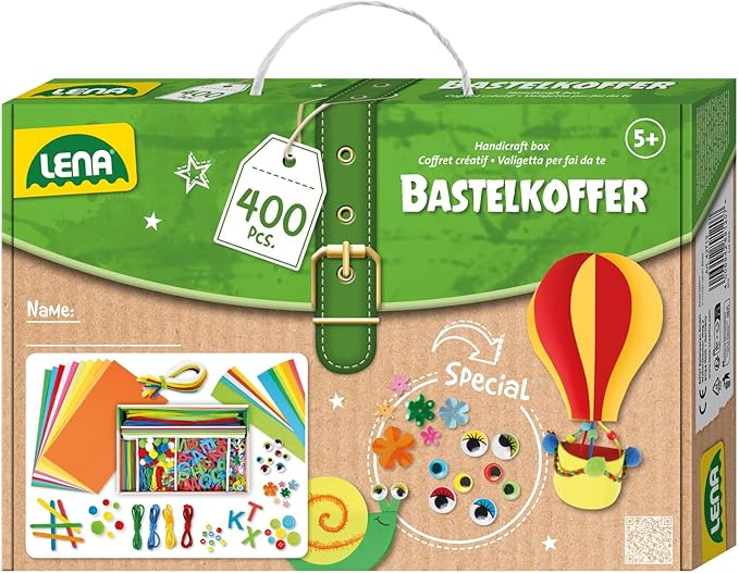 Lena Craft Case with 400 Pieces, Craft Set Consisting of Paper, Foam Rubber, Pipe Cleaner, Rhinestones, Wiggly Eyes, Pompoms and Buttons, in Bright Colours, Suitable for Children from 5 Years