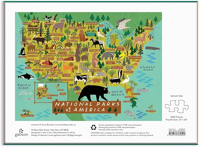 Galison National Parks of America Puzzle, 1000 Pieces, 27” x 20” – Difficult Jigsaw Puzzle Featuring Stunning and Colorful Artwork by Anne Bentley – Thick, Sturdy Pieces, Challenging Family Activity