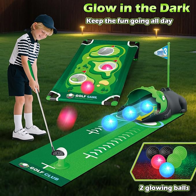 3 in 1 Kids Golf Set with Dinosaur Automatic Golf Returner, Golf Cornhole Board, Led Light Up Balls, Putting Mat, 3-8 Toddler Mini Golf Games, Indoor Outdoor Golf Toys Gift for Boys Girls 3+