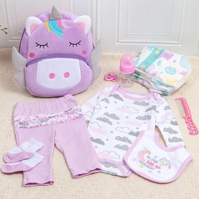 12 Pcs Reborn Baby Doll Clothes Girl Outfit Accessories with Backpack for 17-22 Inch Reborn Doll Newborn Baby Clothes with Backpack