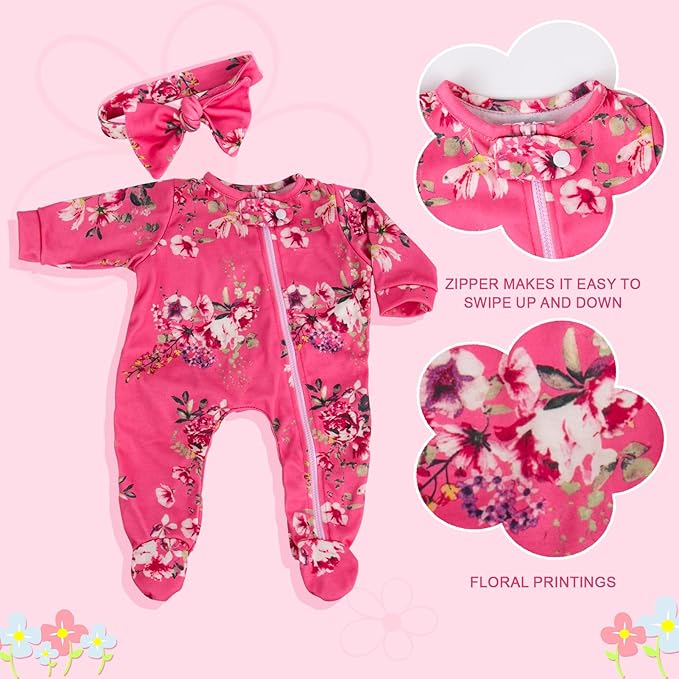 Aori Lifelike Reborn Baby Dolls Clothes 20 inch Pink Floral Jumpsuits Set for 17-20 Inch Newborn Girl Doll