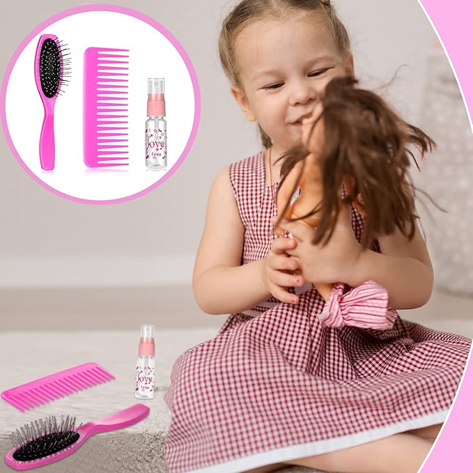 Civaner 3 Pieces Doll Wig Brush Set with Spray Bottle, Comb and Styling Accessories for 18 Inch Dolls(Pink)