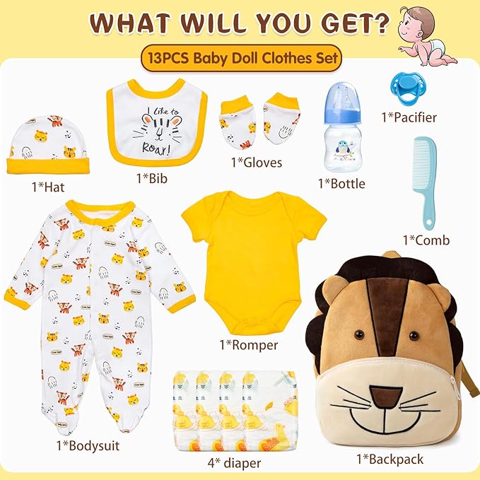 13 Pcs Reborn Baby Doll Accessories Boy 17-22 Inch Reborn Baby Clothes with Backpack Newborn Doll Outfit Diapers Cute Yellow Tiger Design