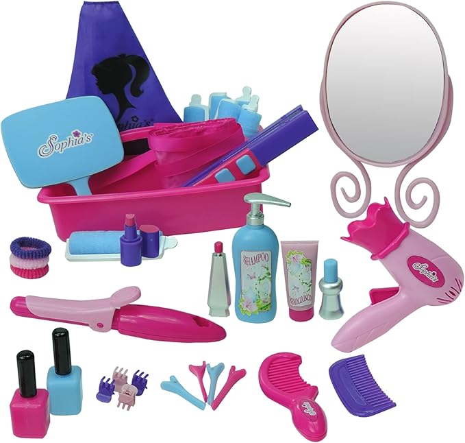 Sophia's Hair Salon Complete 30 Piece Set with Styling Tools, Hair Ties, Brush, Mirror, Blow Dryer, Salon Cape and More for 18" Dolls, Pink/Purple